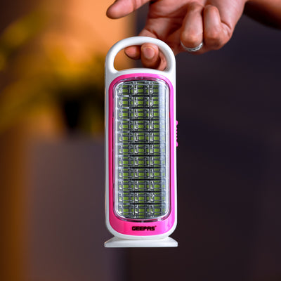 Geepas LED Emergency Lantern with Solar Panel- GE53034| Energy Efficient Design, 33 Pieces Hi-Power LEDs,5 Hours Working| Light-Weight |  Pink and White, 2 Years Warranty