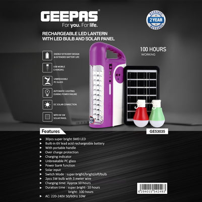Geepas GE53035 Rechargeable LED Lantern with Solar Panel | 30 SMD LED Emergency Light | 2 LED Bulbs | USB Mobile Charging |Automatic Lighting During Power Failure