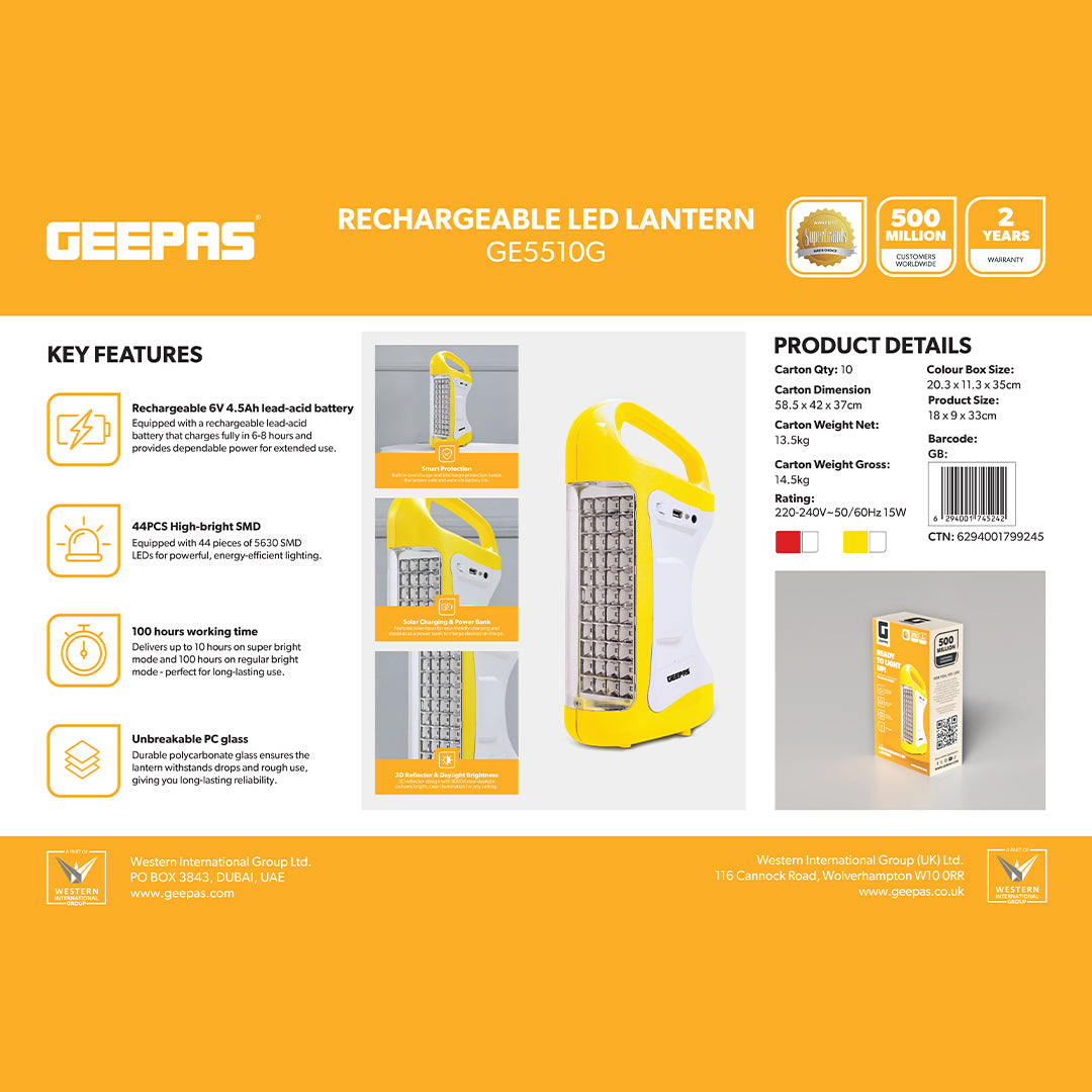 Geepas GE5510 Rechargeable LED Lantern with 44 SMD LEDs| 100 Hours Working | Unbreakable PC Glass | USB Mobile Charging  | Powerful Emergency |  2 Years Warranty