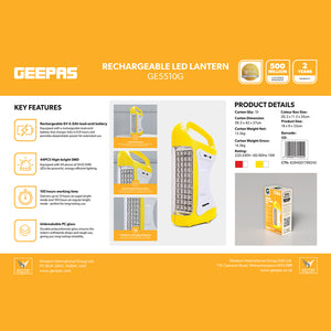 Geepas GE5510 Rechargeable LED Lantern with 44 SMD LEDs| 100 Hours Working | Unbreakable PC Glass | USB Mobile Charging  | Powerful Emergency |  2 Years Warranty
