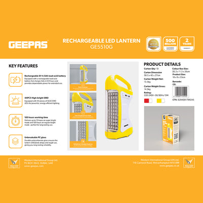 Geepas GE5510 Rechargeable LED Lantern with 44 SMD LEDs| 100 Hours Working | Unbreakable PC Glass | USB Mobile Charging  | Powerful Emergency |  2 Years Warranty