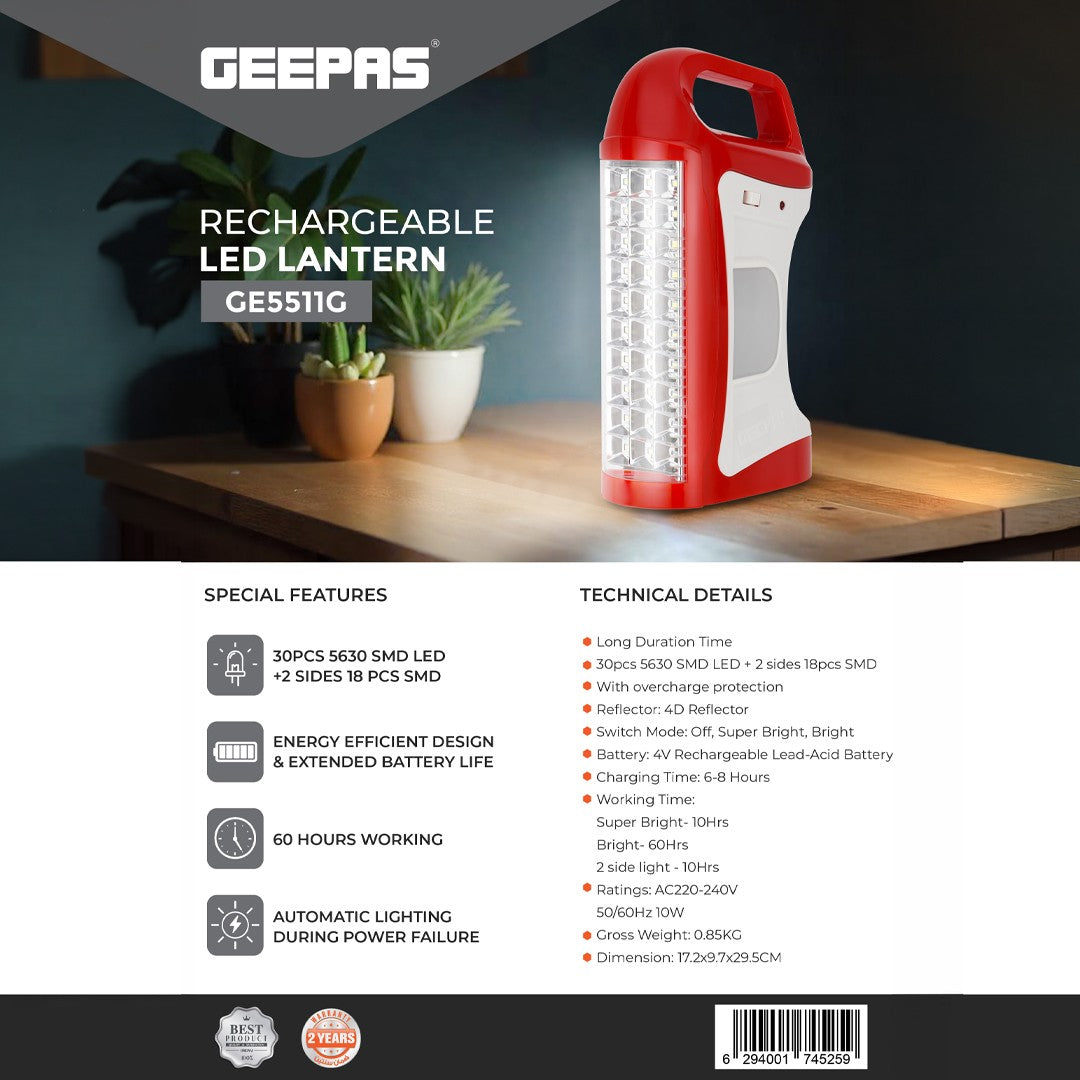 Geepas GE5511 Rechargeable LED Lantern | 60 Hours Brightness| Overcharge Protection | Automatic Power Failure Lighting | Energy Efficient Design |  2 Years Warranty