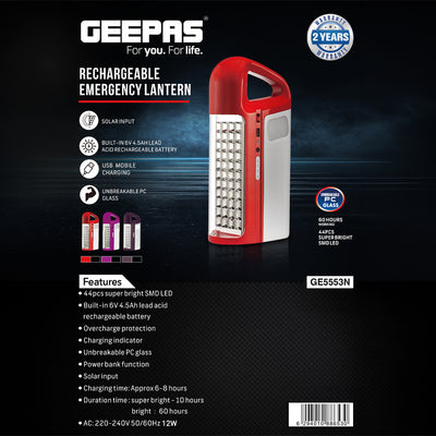 Geepas GE5553 Solar Rechargeable Emergency Lantern | 44 Super Bright SMD LEDs| 60 Hours Working| Built-in 6V 4.5AH Battery| USB Power Bank Function| 2 Years Warranty