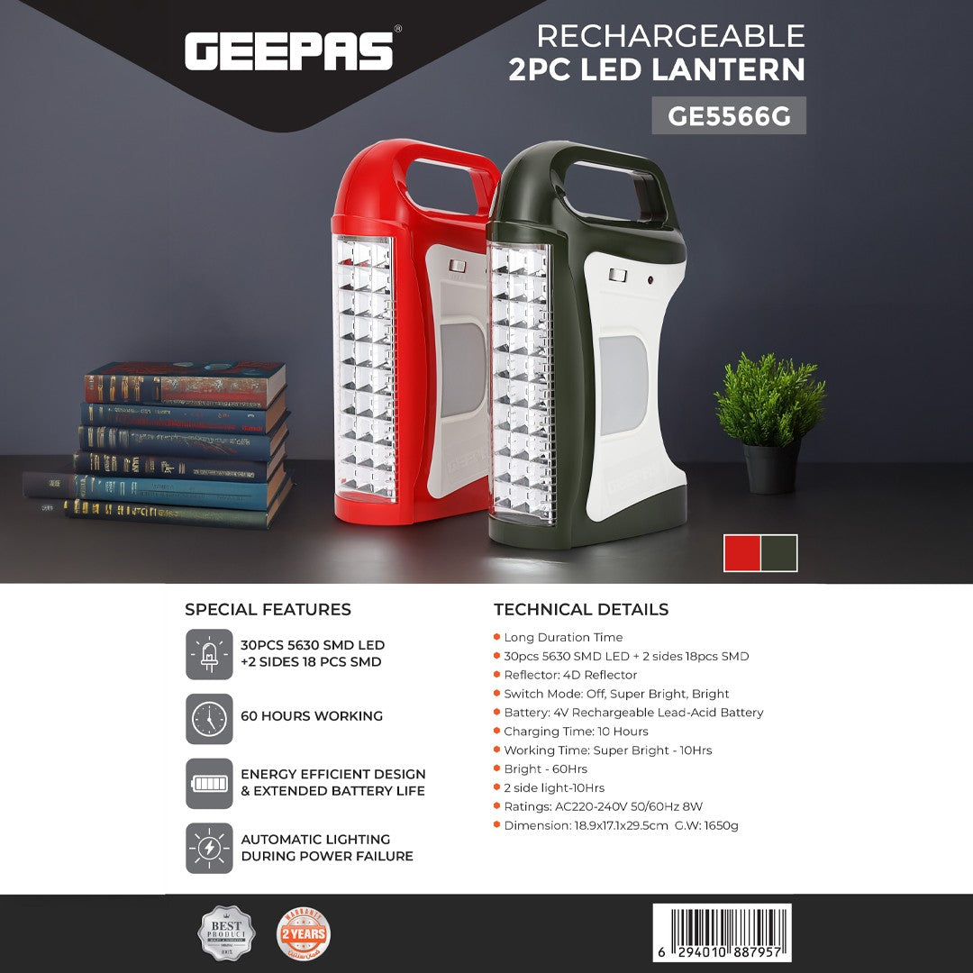 Geepas GE5566 Rechargeable 2PC LED Lantern | 60 Hours Working Time| Energy Efficient Dual-Side LEDs| Auto Power Failure Light| For Home & Outdoor Use| 2 Years Warranty