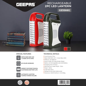 Geepas GE5566 Rechargeable 2PC LED Lantern | 60 Hours Working Time| Energy Efficient Dual-Side LEDs| Auto Power Failure Light| For Home & Outdoor Use| 2 Years Warranty