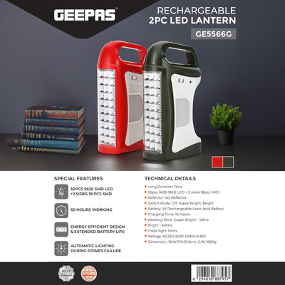 Geepas GE5566 Rechargeable 2PC LED Lantern | 60 Hours Working Time| Energy Efficient Dual-Side LEDs| Auto Power Failure Light| For Home & Outdoor Use| 2 Years Warranty