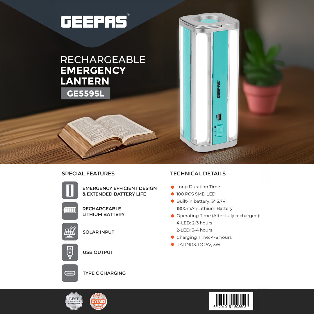 Geepas Emergency Lantern GE5595 | 100 SMD LED| Solar Input| Type-C Charging| USB Output| 1800mAh Lithium Battery | Multi-Function Rechargeable Light| 2 Years Warranty