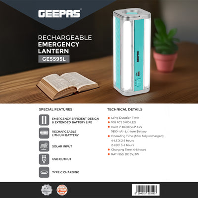 Geepas Emergency Lantern GE5595 | 100 SMD LED| Solar Input| Type-C Charging| USB Output| 1800mAh Lithium Battery | Multi-Function Rechargeable Light| 2 Years Warranty