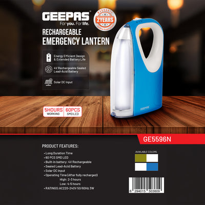 Geepas GE5596 Rechargeable Emergency Lantern |60 SMD LEDs| 4V Long-Lasting Battery| Solar DC Input| 2 Light Modes|5-Hour Runtime|Portable Durable Design|2 Years Warranty