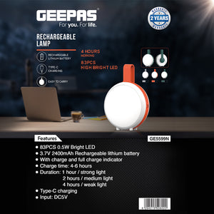 Geepas GE5599 Rechargeable Lamp | 83 Bright LED Light | 2400mAh Lithium Battery| Portable Design | Multi-Mode Brightness for Home & Outdoor Use | 2-Year Warranty