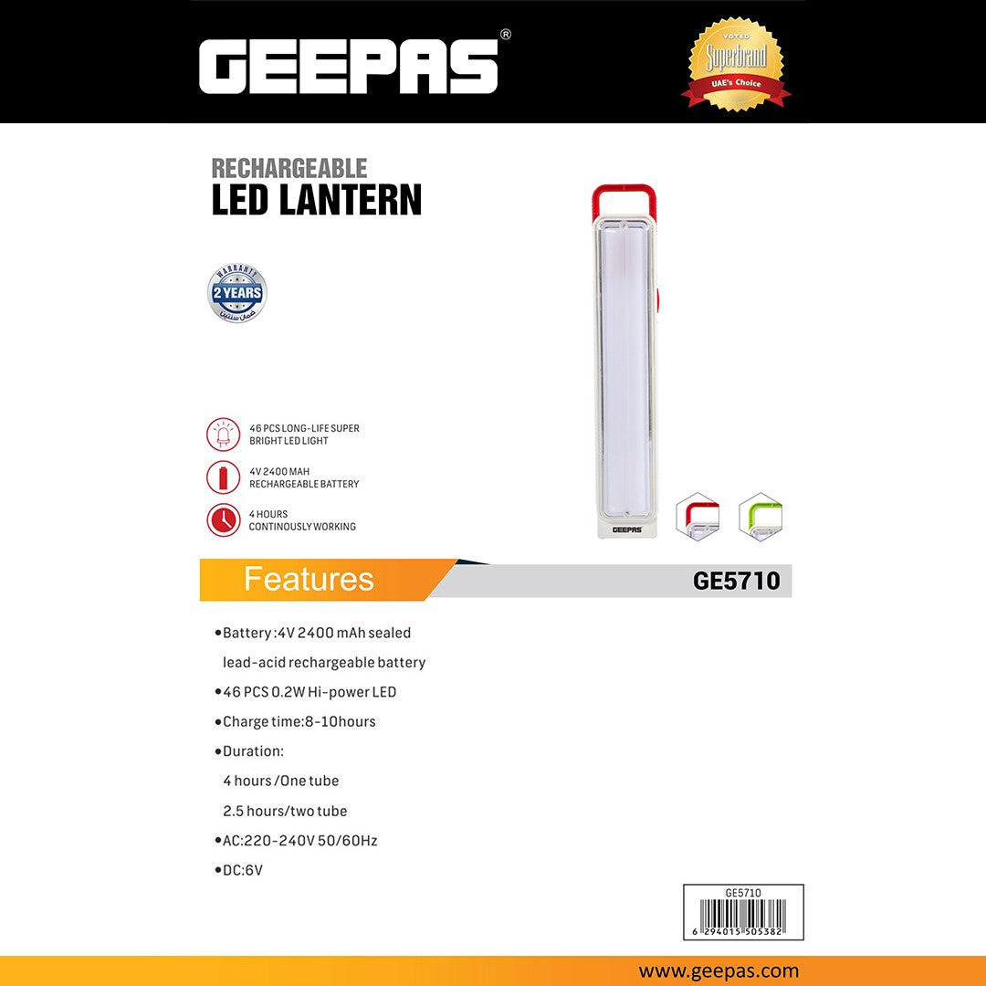 Geepas GE5710 Rechargeable LED Lantern | 46 Bright LEDs| 4V 2400mAh Battery| Long-Lasting Emergency Light with Strong ABS Body|  Portable Design for Home & Outdoor Use