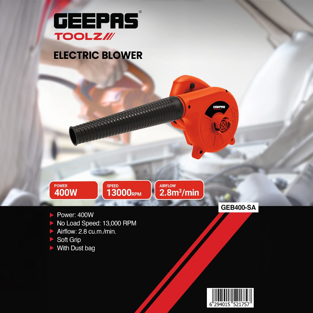 Geepas GEB400-SA 400W Electric Blower  | Compact Dust Blower with Dust Collection Bag | High-Speed Airflow for Efficient Cleaning  |  Ideal for Workshop &  Home