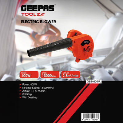 Geepas GEB400-SA 400W Electric Blower  | Compact Dust Blower with Dust Collection Bag | High-Speed Airflow for Efficient Cleaning  |  Ideal for Workshop &  Home
