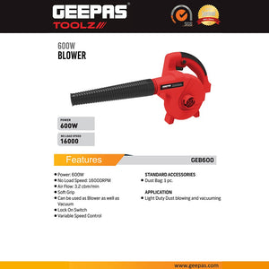 Geepas GEB600-240 600W Electric Blower & Vacuum Cleaner | 16000 RPM Motor | Variable Speed Control | Dust Collection Bag | Soft Grip Handle for Home & Workshop Cleaning