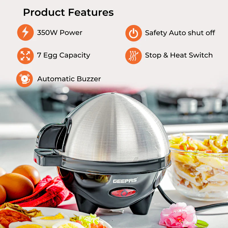 Geepas GEB63032UK Egg Boiler | 7 Egg Capacity Electric Egg Cooker with Automatic Buzzer | 350W Powerful Heating | Stainless Steel Cover | Easy & Quick Egg Cooking
