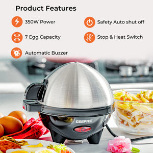 Geepas GEB63032UK Egg Boiler | 7 Egg Capacity Electric Egg Cooker with Automatic Buzzer | 350W Powerful Heating | Stainless Steel Cover | Easy & Quick Egg Cooking