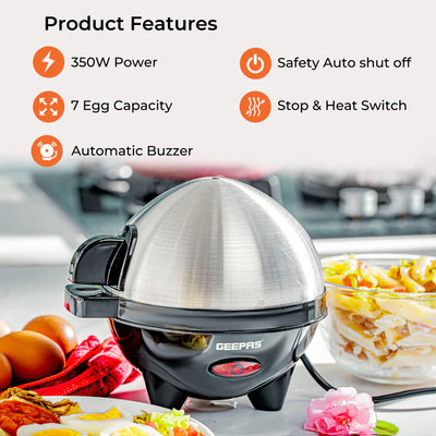 Geepas GEB63032UK Egg Boiler | 7 Egg Capacity Electric Egg Cooker with Automatic Buzzer | 350W Powerful Heating | Stainless Steel Cover | Easy & Quick Egg Cooking