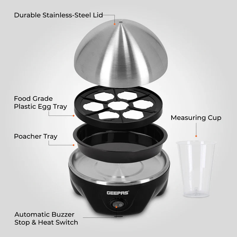 Geepas GEB63032UK Egg Boiler | 7 Egg Capacity Electric Egg Cooker with Automatic Buzzer | 350W Powerful Heating | Stainless Steel Cover | Easy & Quick Egg Cooking