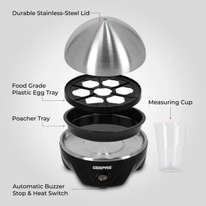 Geepas GEB63032UK Egg Boiler | 7 Egg Capacity Electric Egg Cooker with Automatic Buzzer | 350W Powerful Heating | Stainless Steel Cover | Easy & Quick Egg Cooking