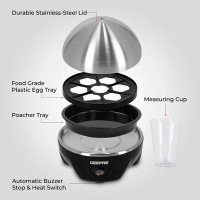 Geepas GEB63032UK Egg Boiler | 7 Egg Capacity Electric Egg Cooker with Automatic Buzzer | 350W Powerful Heating | Stainless Steel Cover | Easy & Quick Egg Cooking
