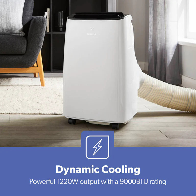 Geepas Portable Air Conditioner GACP9023CU| 9000 BTU| 3 Modes| 2 Speeds| Dehumidifier| Self-Evaporation| Digital Display| Remote Control, 24H Timer| Easy Move Wheels