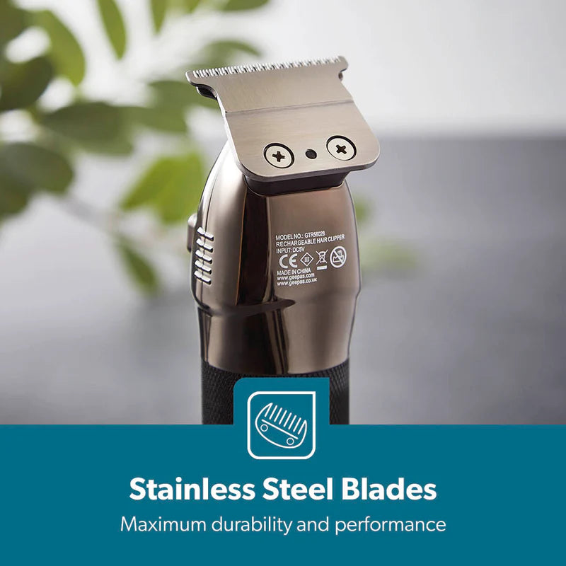 Geepas GTR56028 Rechargeable Hair Clipper | 2000mAh Li-ion Battery| LED Display| Stainless Steel Blades| 120 Mins Runtime | Travel Lock & 4 Guide Combs| 2 Years Warranty