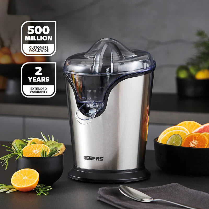 Geepas GCJ46013UK Citrus Juicer |Durable Stainless Steel Housing |Anti-Drip Spout for Mess-Free Serving |2 Cone Design |Anti-Dust Cover | 100W |Orange & Lemon Juice Maker
