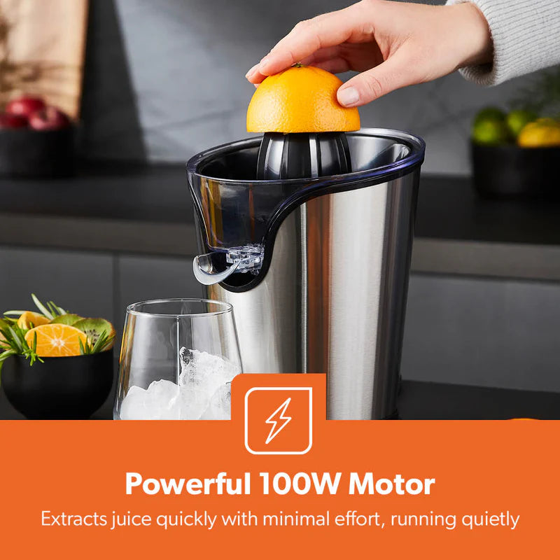 Geepas GCJ46013UK Citrus Juicer |Durable Stainless Steel Housing |Anti-Drip Spout for Mess-Free Serving |2 Cone Design |Anti-Dust Cover | 100W |Orange & Lemon Juice Maker