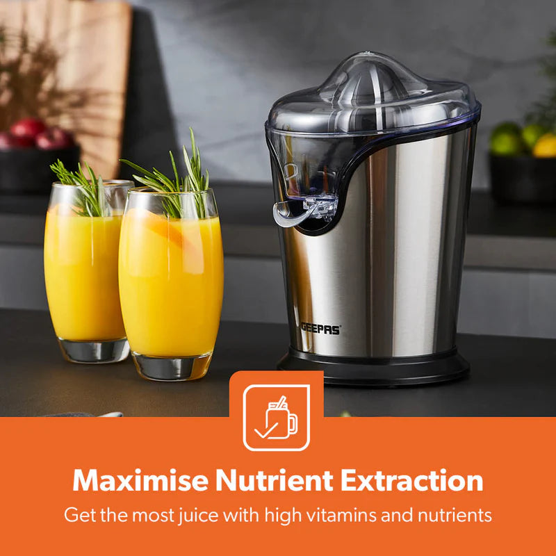 Geepas GCJ46013UK Citrus Juicer |Durable Stainless Steel Housing |Anti-Drip Spout for Mess-Free Serving |2 Cone Design |Anti-Dust Cover | 100W |Orange & Lemon Juice Maker