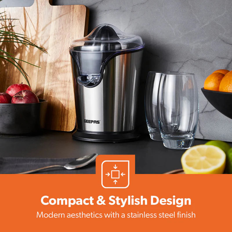 Geepas GCJ46013UK Citrus Juicer |Durable Stainless Steel Housing |Anti-Drip Spout for Mess-Free Serving |2 Cone Design |Anti-Dust Cover | 100W |Orange & Lemon Juice Maker