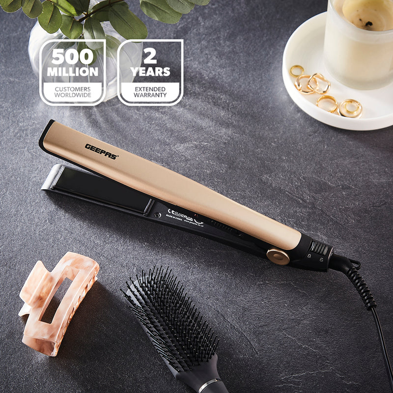 Geepas GHS86016  Hair Straightener |  28W Power| Ceramic Coated Plates| 200°C Max Temperature| PTC Heater | 360° Swivel Cord| Lockable Handle | 2 Years Warranty