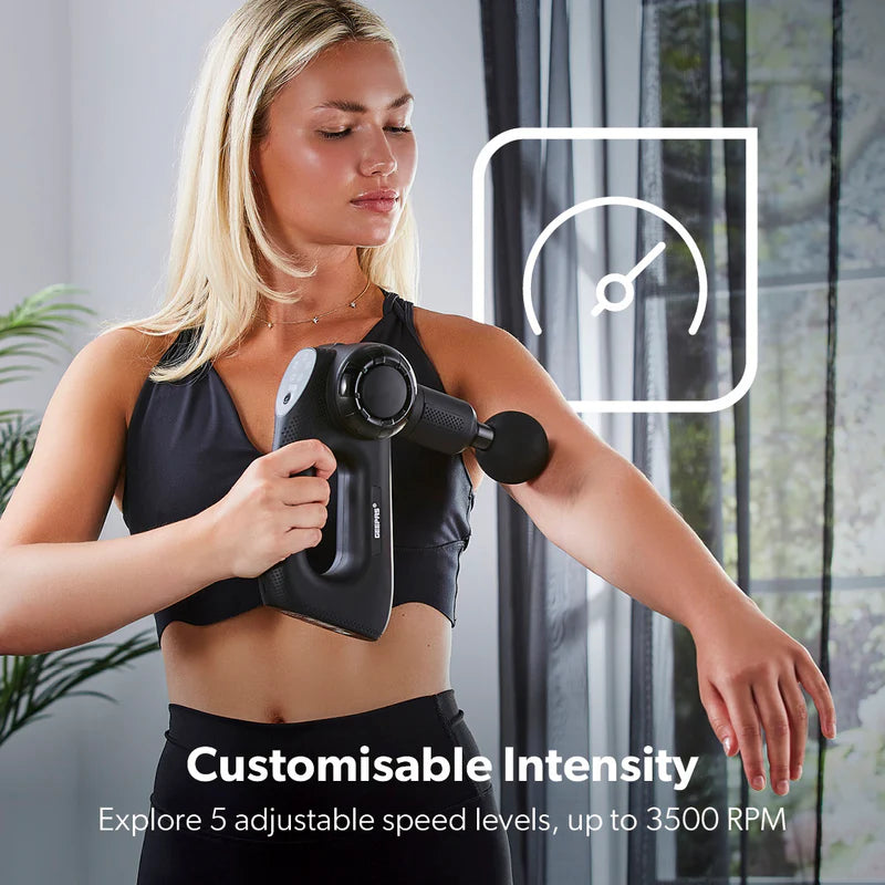 Geepas GM86092UK Rechargeable Powerful Massage Gun | 5 Speed Levels| Brushless Motor| LED Indicators| Folding Design| 4 Massage Heads| Quiet Operation | 2 Years Warranty