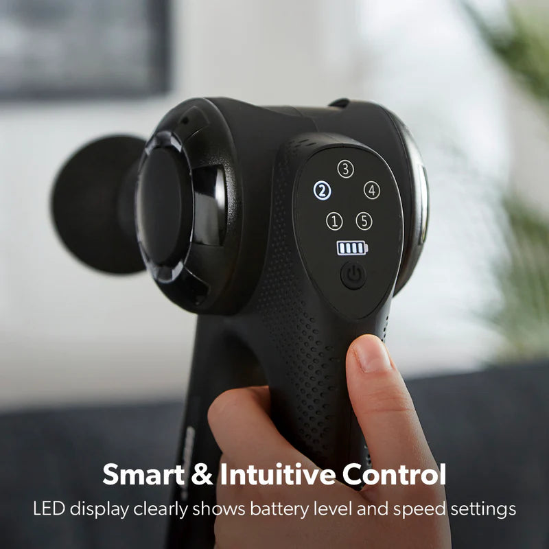 Geepas GM86092UK Rechargeable Powerful Massage Gun | 5 Speed Levels| Brushless Motor| LED Indicators| Folding Design| 4 Massage Heads| Quiet Operation | 2 Years Warranty