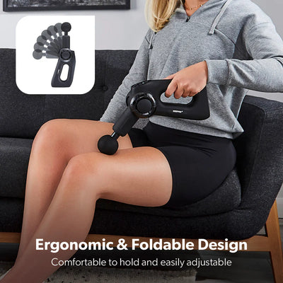 Geepas GM86092UK Rechargeable Powerful Massage Gun | 5 Speed Levels| Brushless Motor| LED Indicators| Folding Design| 4 Massage Heads| Quiet Operation | 2 Years Warranty