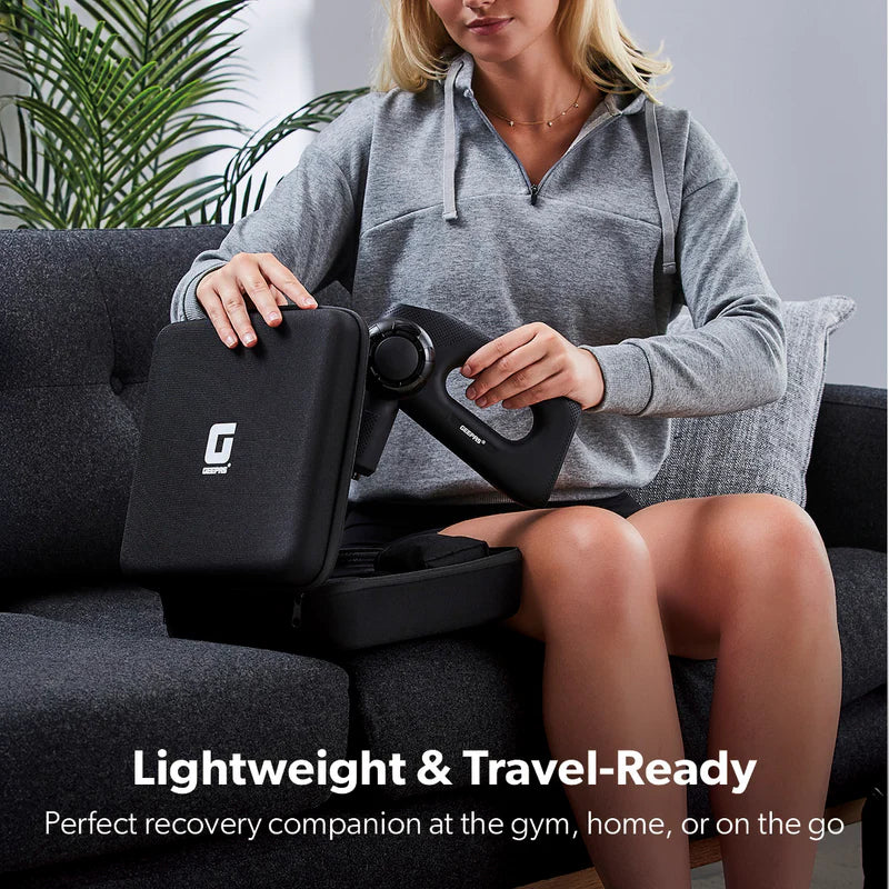 Geepas GM86092UK Rechargeable Powerful Massage Gun | 5 Speed Levels| Brushless Motor| LED Indicators| Folding Design| 4 Massage Heads| Quiet Operation | 2 Years Warranty