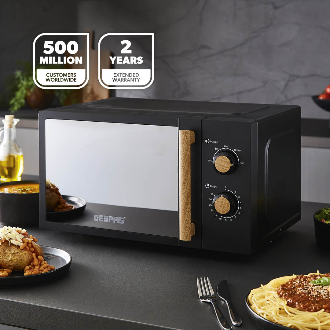 Geepas 20L Microwave Oven GMO34062UK-BK | 700W Output | 5 Power Levels | 255mm Glass Turntable | 35-Min Timer | LED Interior Light & Stylish Nordiq Collection Design