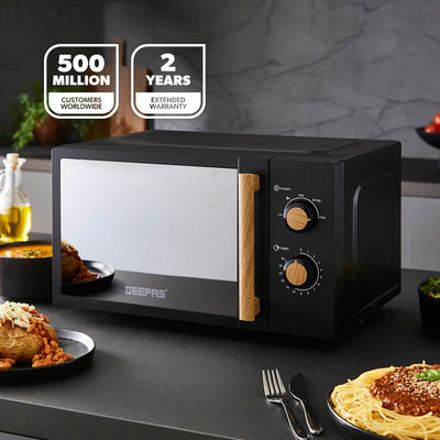 Geepas 20L Microwave Oven GMO34062UK-BK | 700W Output | 5 Power Levels | 255mm Glass Turntable | 35-Min Timer | LED Interior Light & Stylish Nordiq Collection Design