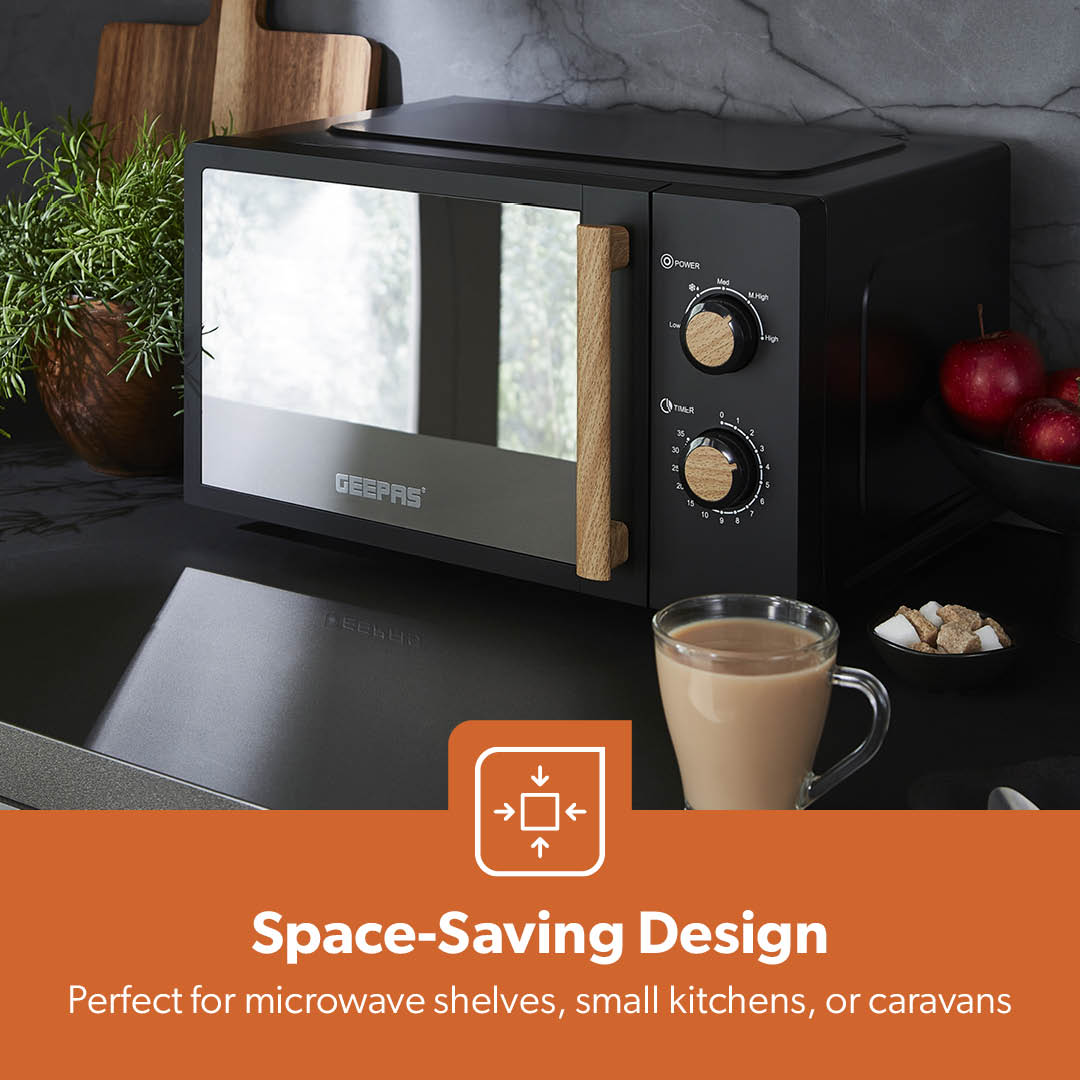 Geepas 20L Microwave Oven GMO34062UK-BK | 700W Output | 5 Power Levels | 255mm Glass Turntable | 35-Min Timer | LED Interior Light & Stylish Nordiq Collection Design