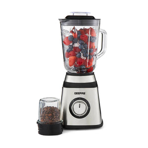 Geepas GSB44076UK 2-in-1 Stainless Steel Blender | 600W Powerful Motor | 1.5L Glass Jar with Grinder Attachment | Sharp Stainless Steel Blades | 2-Speed  | 2-Year Warranty