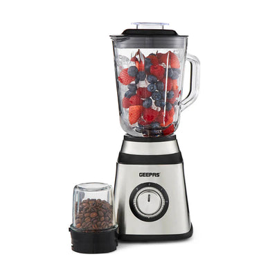 Geepas GSB44076UK 2-in-1 Stainless Steel Blender | 600W Powerful Motor | 1.5L Glass Jar with Grinder Attachment | Sharp Stainless Steel Blades | 2-Speed  | 2-Year Warranty