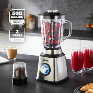 Geepas GSB44076UK 2-in-1 Stainless Steel Blender | 600W Powerful Motor | 1.5L Glass Jar with Grinder Attachment | Sharp Stainless Steel Blades | 2-Speed  | 2-Year Warranty