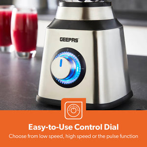 Geepas GSB44076UK 2-in-1 Stainless Steel Blender | 600W Powerful Motor | 1.5L Glass Jar with Grinder Attachment | Sharp Stainless Steel Blades | 2-Speed  | 2-Year Warranty