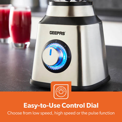 Geepas GSB44076UK 2-in-1 Stainless Steel Blender | 600W Powerful Motor | 1.5L Glass Jar with Grinder Attachment | Sharp Stainless Steel Blades | 2-Speed  | 2-Year Warranty