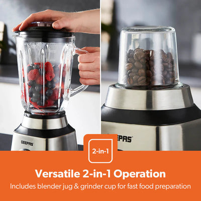 Geepas GSB44076UK 2-in-1 Stainless Steel Blender | 600W Powerful Motor | 1.5L Glass Jar with Grinder Attachment | Sharp Stainless Steel Blades | 2-Speed  | 2-Year Warranty