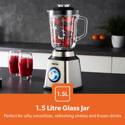 Geepas GSB44076UK 2-in-1 Stainless Steel Blender | 600W Powerful Motor | 1.5L Glass Jar with Grinder Attachment | Sharp Stainless Steel Blades | 2-Speed  | 2-Year Warranty