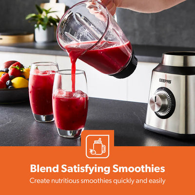 Geepas GSB44076UK 2-in-1 Stainless Steel Blender | 600W Powerful Motor | 1.5L Glass Jar with Grinder Attachment | Sharp Stainless Steel Blades | 2-Speed  | 2-Year Warranty