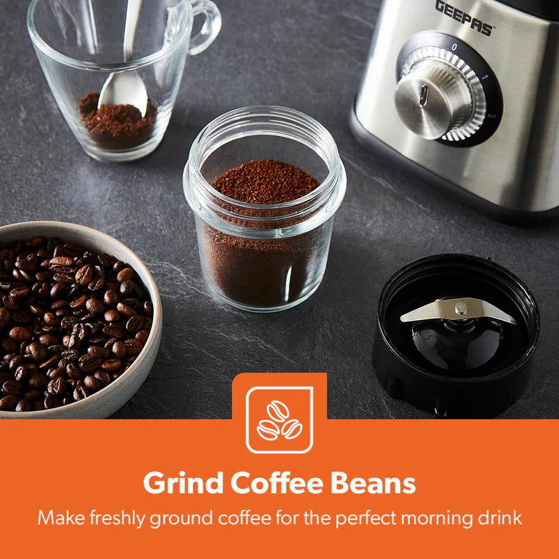Geepas GSB44076UK 2-in-1 Stainless Steel Blender | 600W Powerful Motor | 1.5L Glass Jar with Grinder Attachment | Sharp Stainless Steel Blades | 2-Speed  | 2-Year Warranty