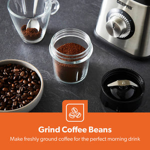 Geepas GSB44076UK 2-in-1 Stainless Steel Blender | 600W Powerful Motor | 1.5L Glass Jar with Grinder Attachment | Sharp Stainless Steel Blades | 2-Speed  | 2-Year Warranty