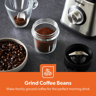 Geepas GSB44076UK 2-in-1 Stainless Steel Blender | 600W Powerful Motor | 1.5L Glass Jar with Grinder Attachment | Sharp Stainless Steel Blades | 2-Speed  | 2-Year Warranty