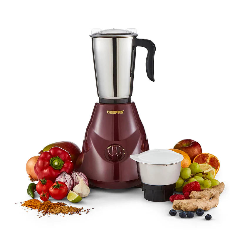 Geepas 2-IN-1 Mixer Grinder- GSB44091| 550W Powerful Motor, Stainless Steel Jars and Blade| Ergonomic Grip and Equipped with Overload Protector| Maroon, 2 Years Warranty